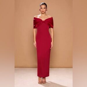 SONYA Belluno Dress: Elegant Red Bow Off the Shoulder Evening Gown
